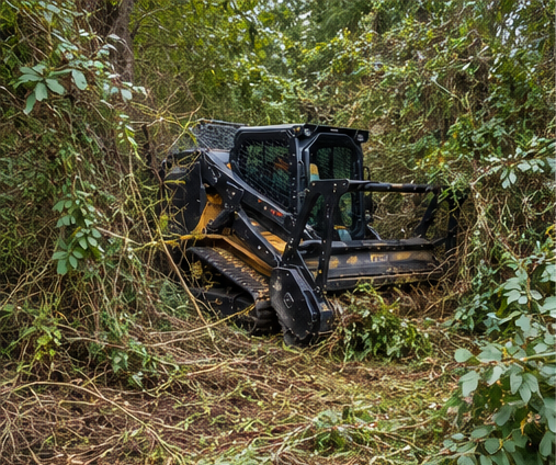 Forestry mulcher clearing dense brush, vines, and briars on an overgrown wooded property