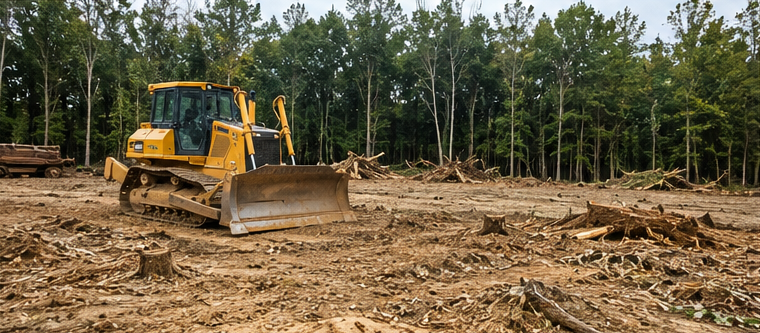 Bulldozer clearing trees and stumps for construction site preparation