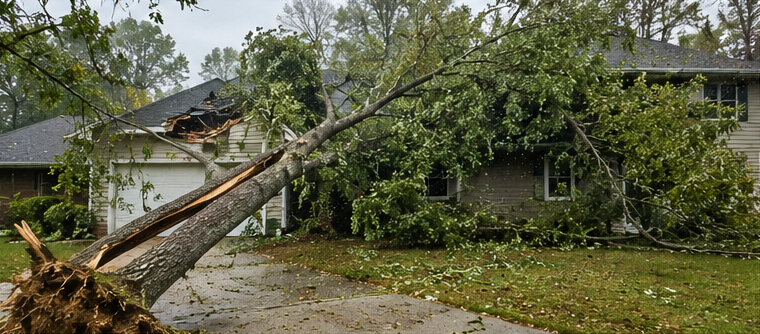 Storm-damaged tree fallen across a driveway and onto a house