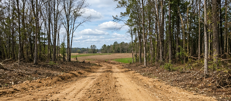 Cleared dirt access path through wooded acreage after land and tree clearing