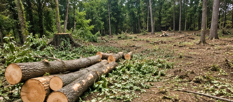 Cut logs and tree debris after multiple trees were removed from a wooded property