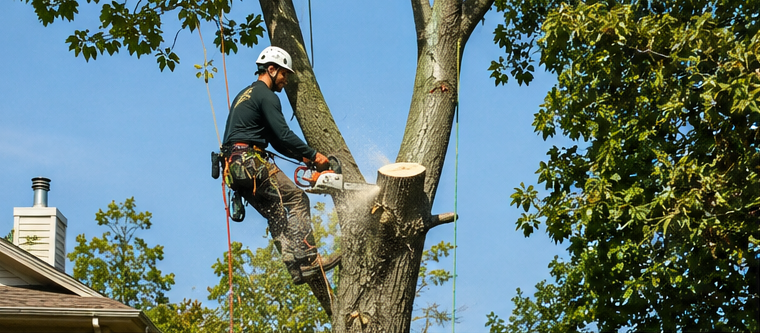 Arborist cutting a large tree during a single-tree removal project