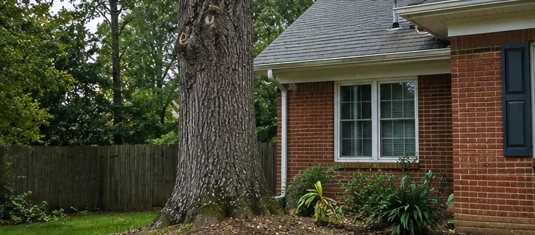 Large mature tree growing close to a brick home